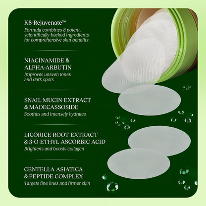 JIYU Toner Pads - Korean Skincare for Dark Spots, Wrinkles & Dull Skin - Hydrating Facial Treatment with Snail Mucin, Niacinamide, Peptides & Centella - 100 Count